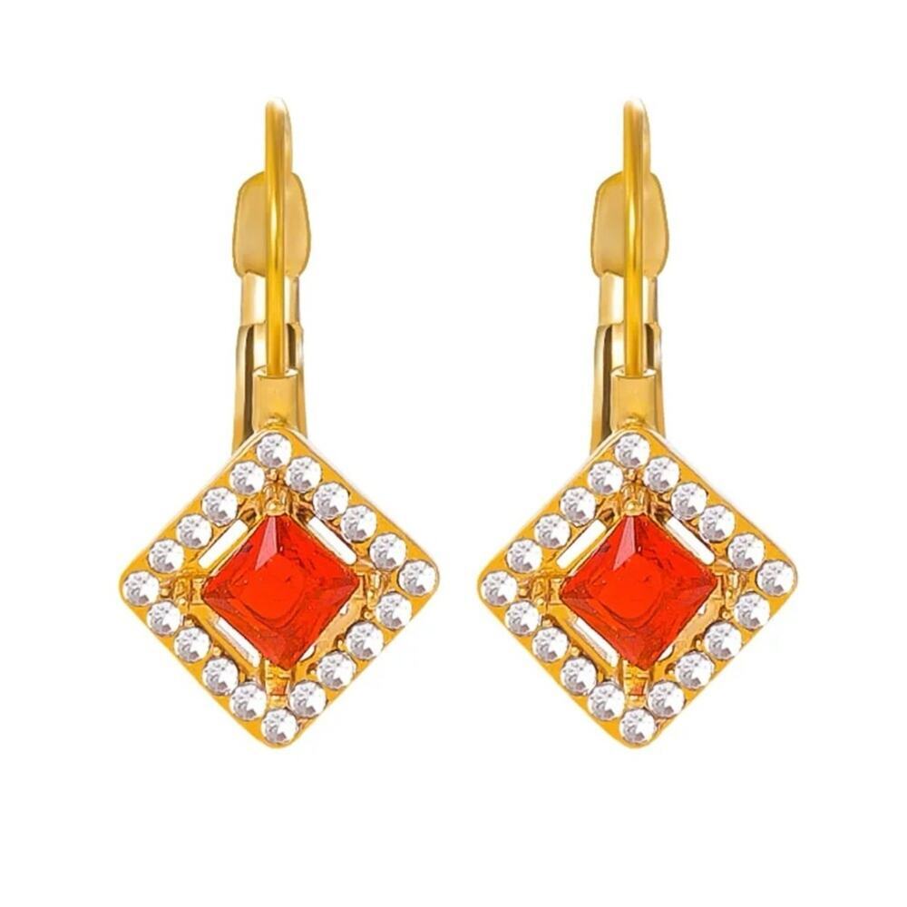 Gold Tone and Red Diamond Square Drop Earrings